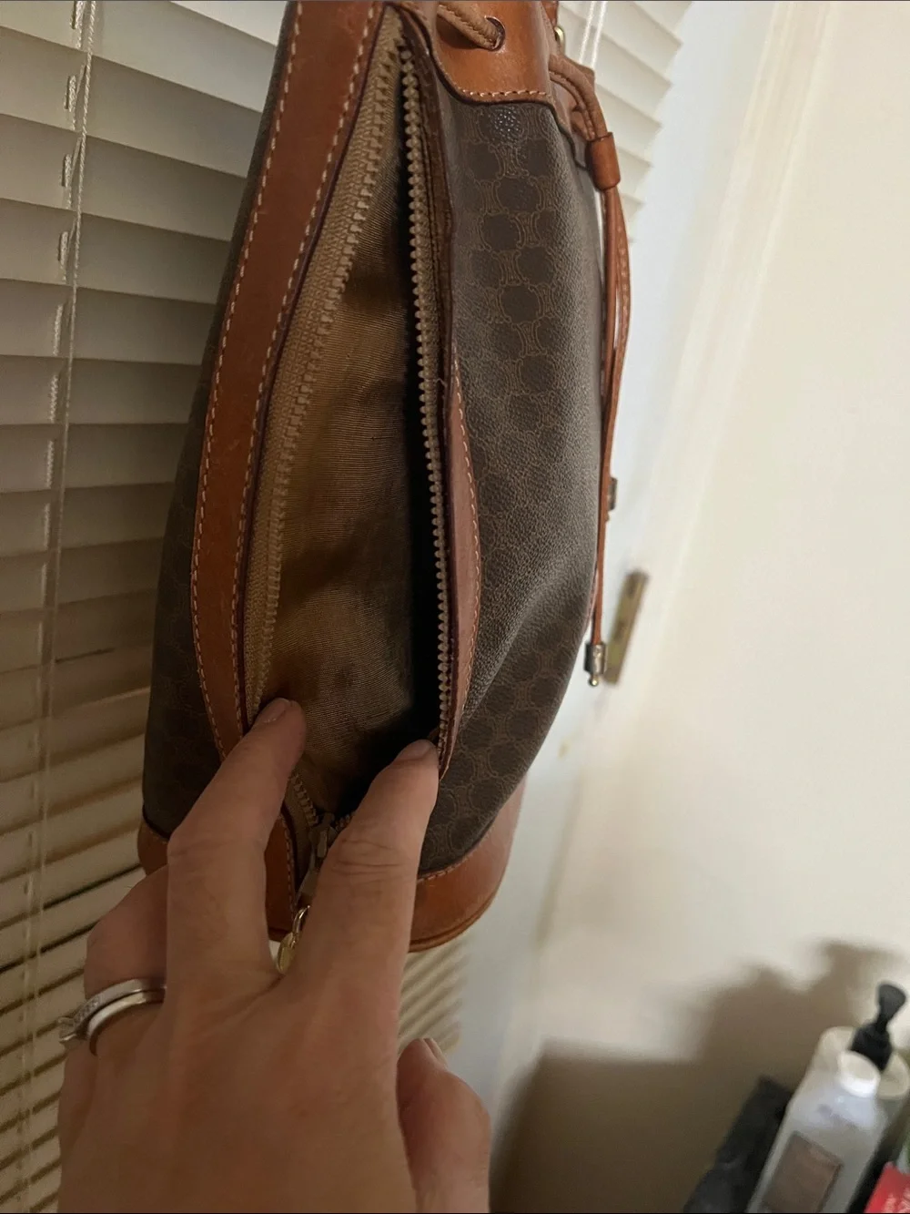 Celine Brown Leather-Trim Bucket Shoulder Bag - Picture 3 of 15